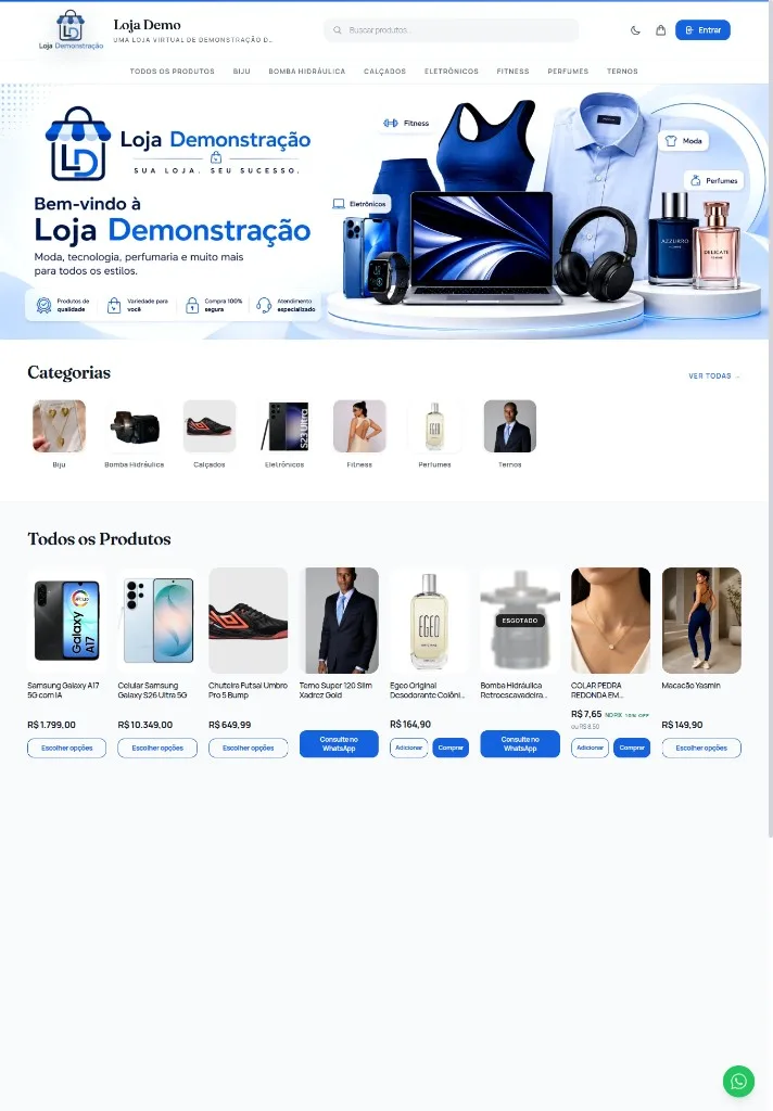Página inicial da loja de demonstração criada na plataforma Lojinha na Mão, com categorias, produtos e preços